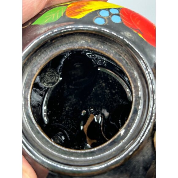 Vtg Wales Black Teapot With Hand Painted Fruit Design‎ Coiled Metal Handle - Picture 6 of 10